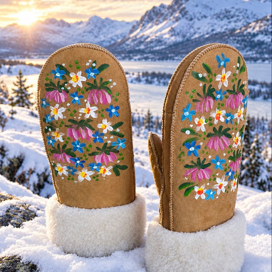 ALPINE FLOWERS - Handmålade Fårskinns Vantar