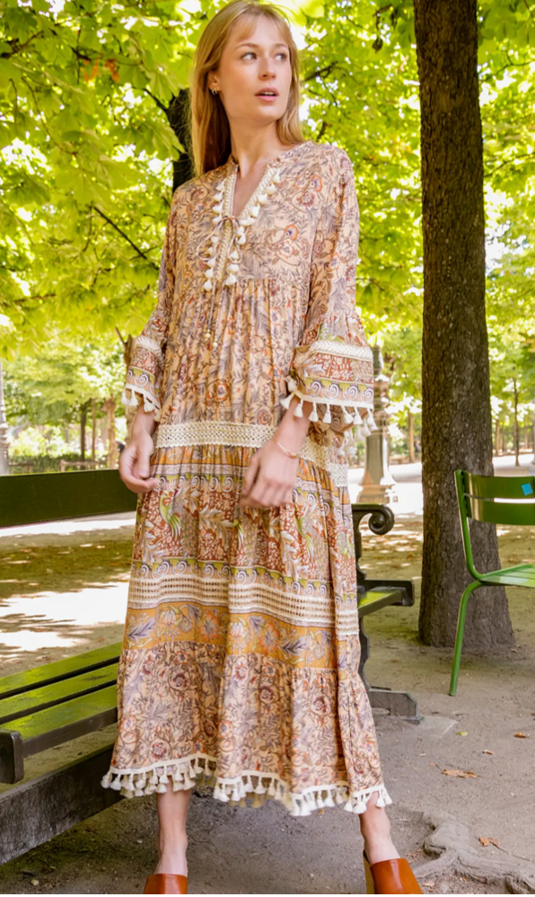 Bohemian Beige Long Dress with Tassels and Lace