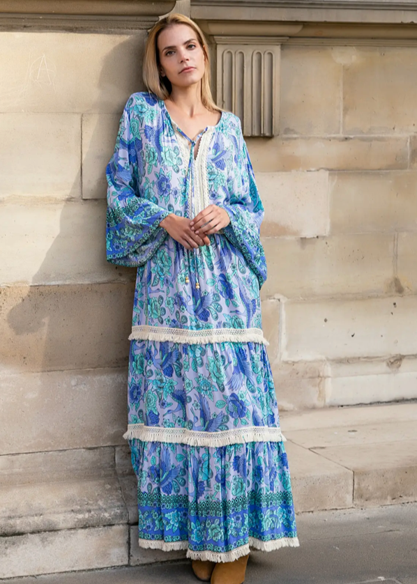 Loose Fit Lace Print Dress with Flared Sleeves
