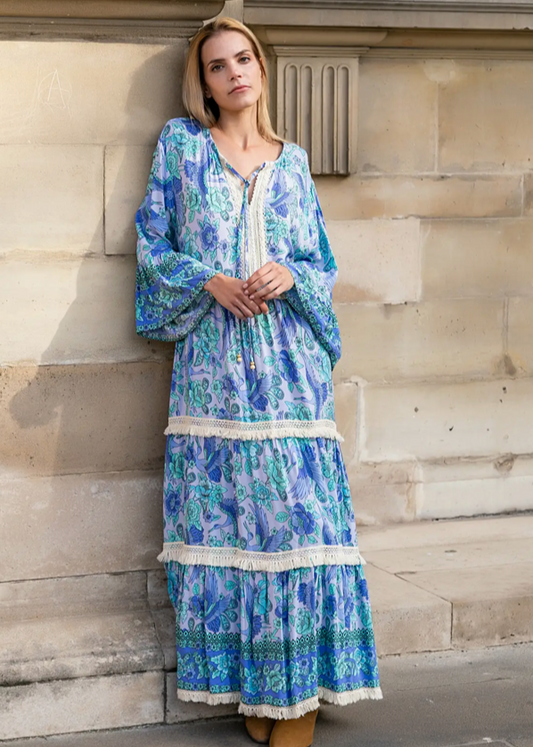 Loose Fit Lace Print Dress with Flared Sleeves