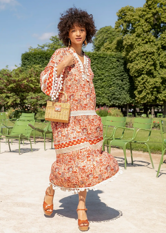 Bohemian Coral Lace Dress with Tassels and Gold Effect