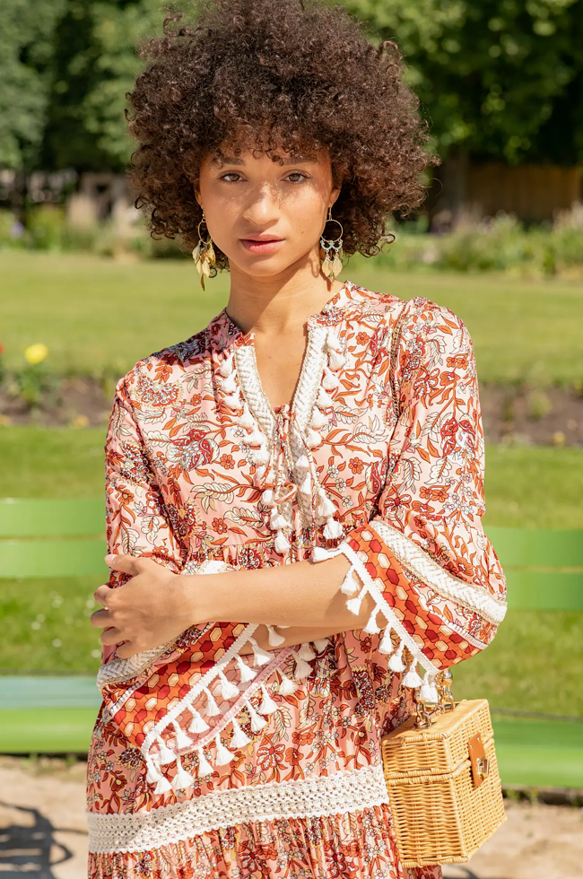 Bohemian Coral Lace Dress with Tassels and Gold Effect
