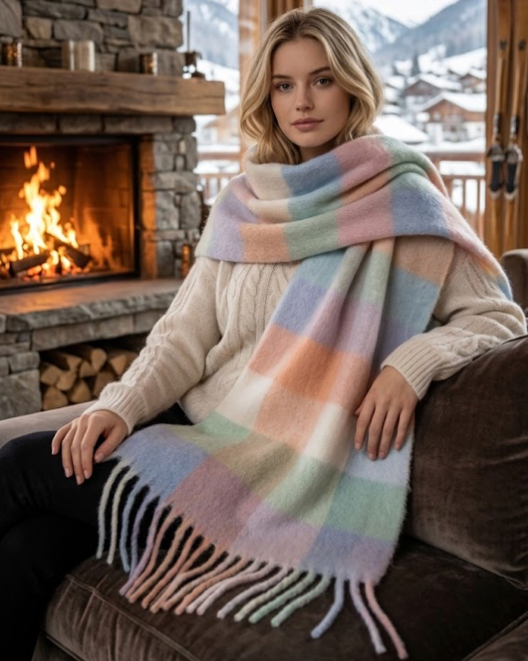 Pink Checked Fringe Scarf