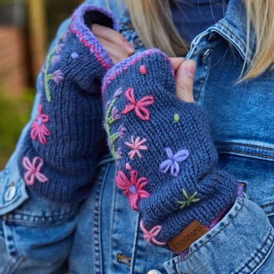 Embroidered Flowers Knitted Wool Handwarmers