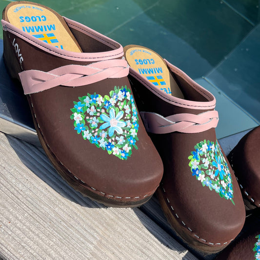 Brown Blue Heart Clogs
