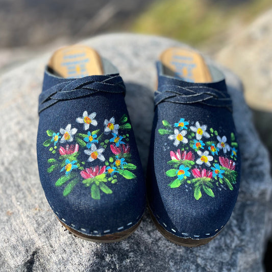 Denim Alpine Flower Clogs