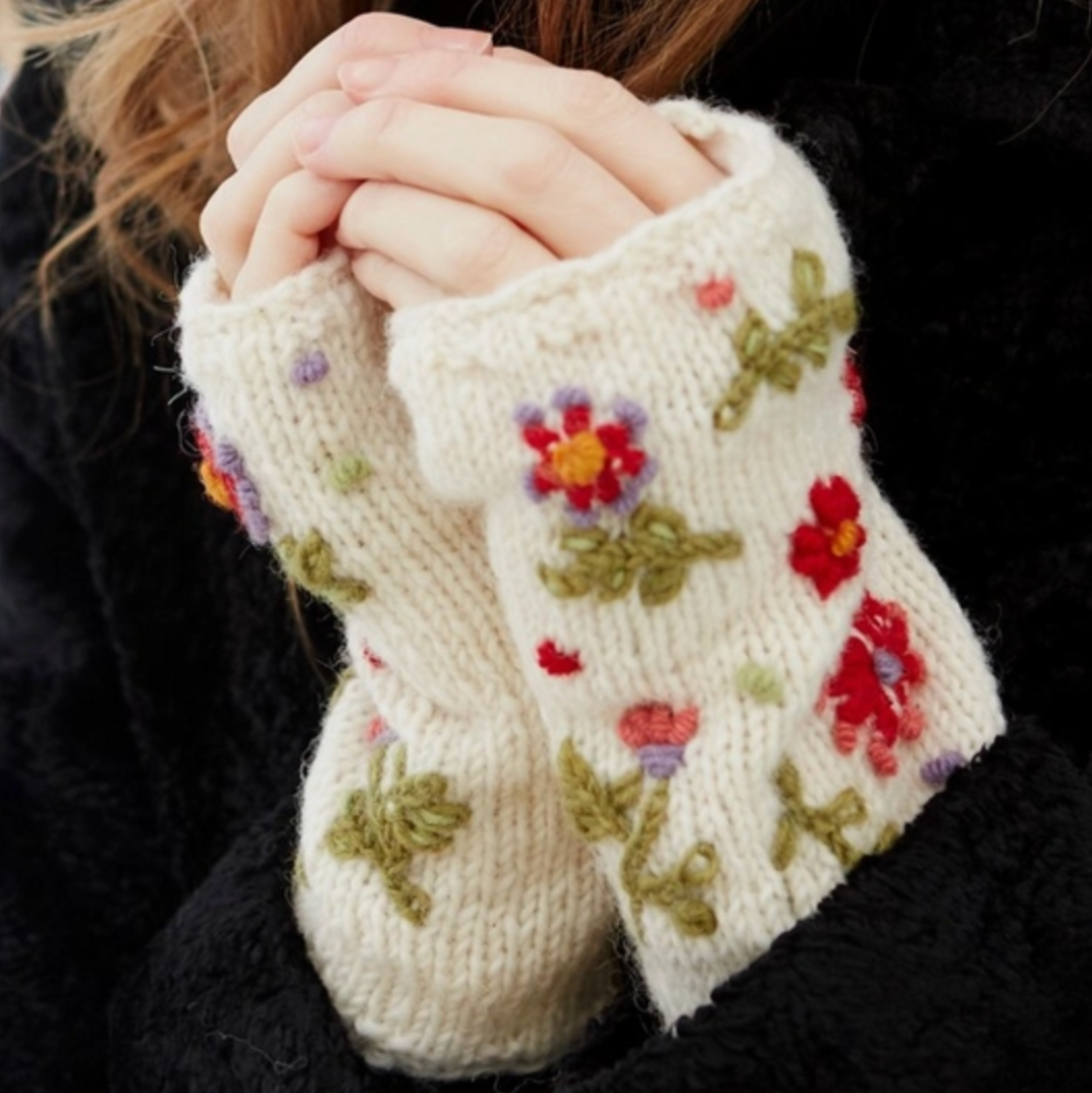 Lugano Embroidered Flowers Knitted Handwarmers