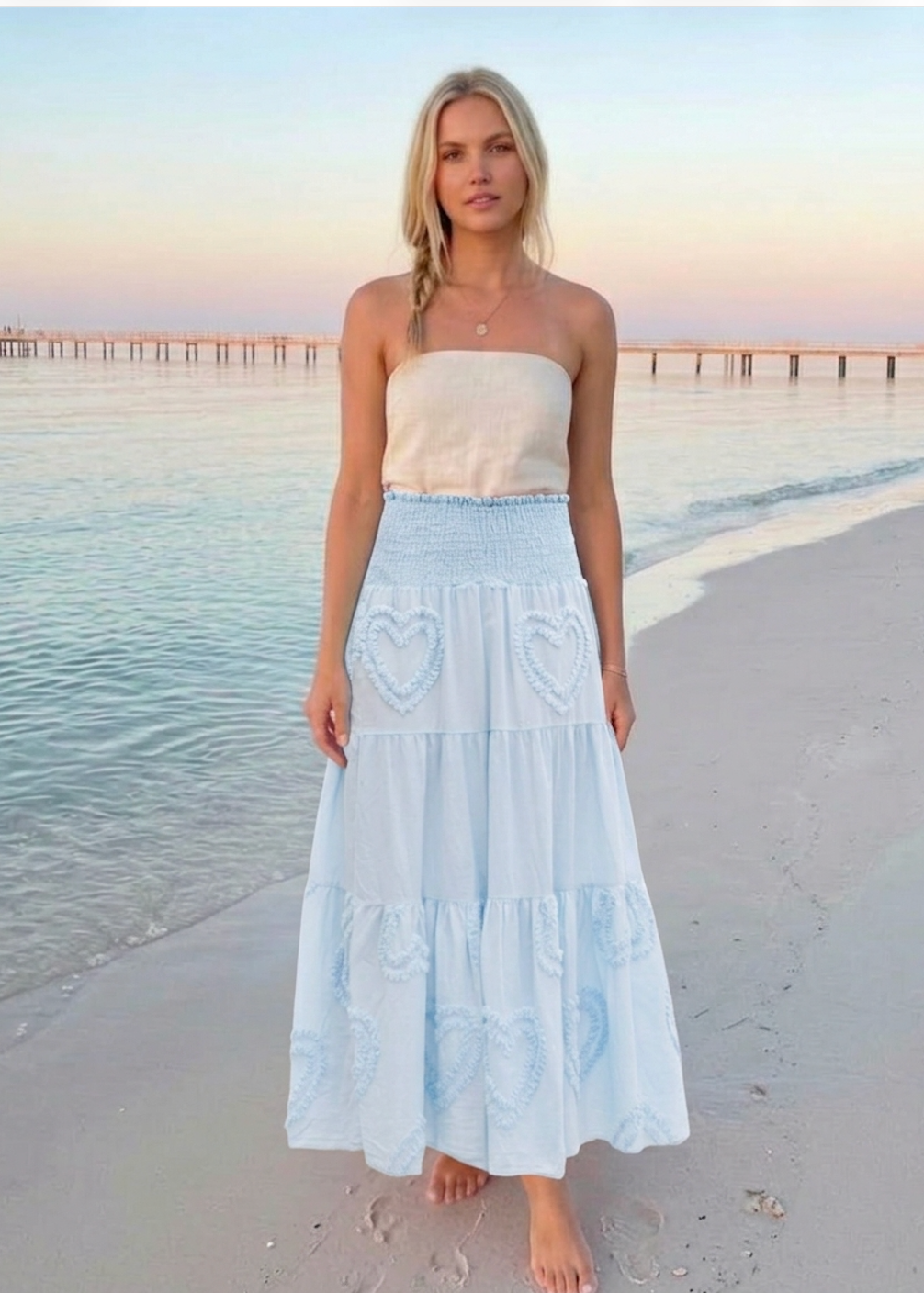 Blue Smocked Midi Skirt with Heart