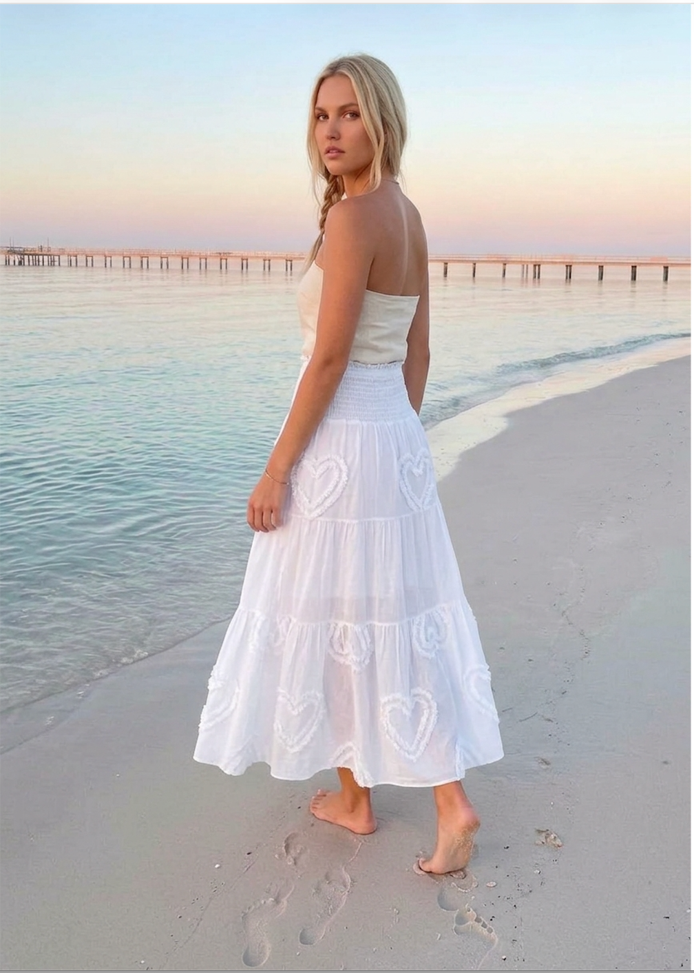 White Smocked Midi Skirt with Heart