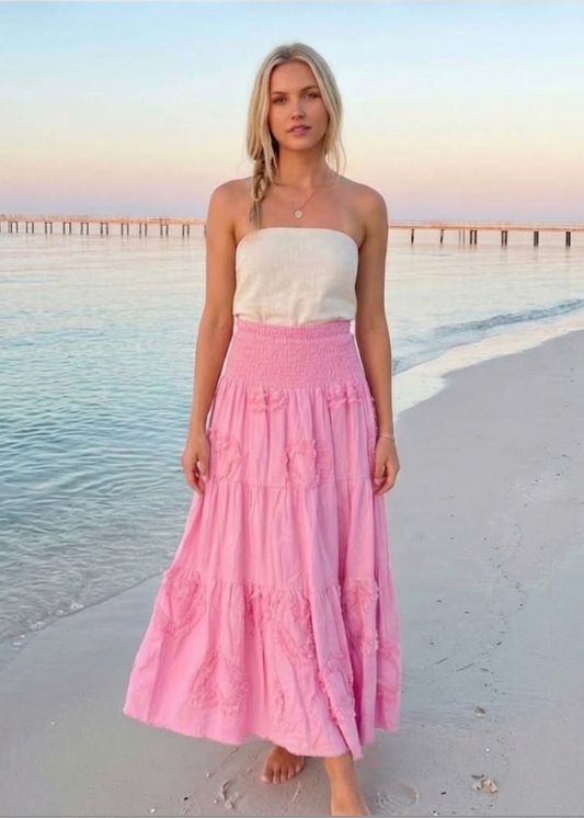 Pink Smocked Midi Skirt with Heart